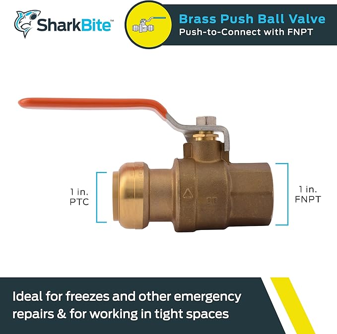 SharkBite 1 x 1 Inch Ball Valve with FNPT Connector, Push to Connect Brass Plumbing Fitting, PEX Pipe, Copper, CPVC, PE-RT, HDPE, 22187-0000LF