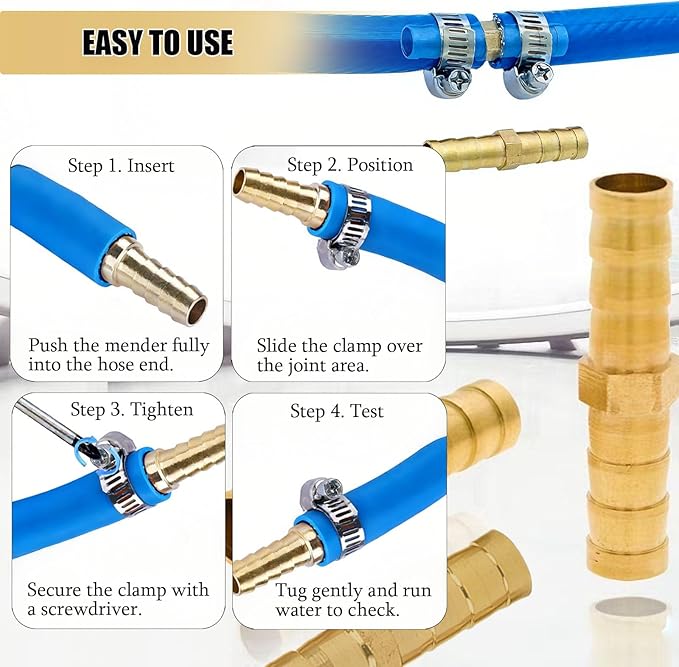 30PCS Brass Hose Barb Fittings, Barb Fitting Metals Splicer Mender, Barbs Splicer Mender Hose Fittings with 60Pcs Stainless Steel Pipe Hose Clamps for Air/Fuel/Water/Oil Hose