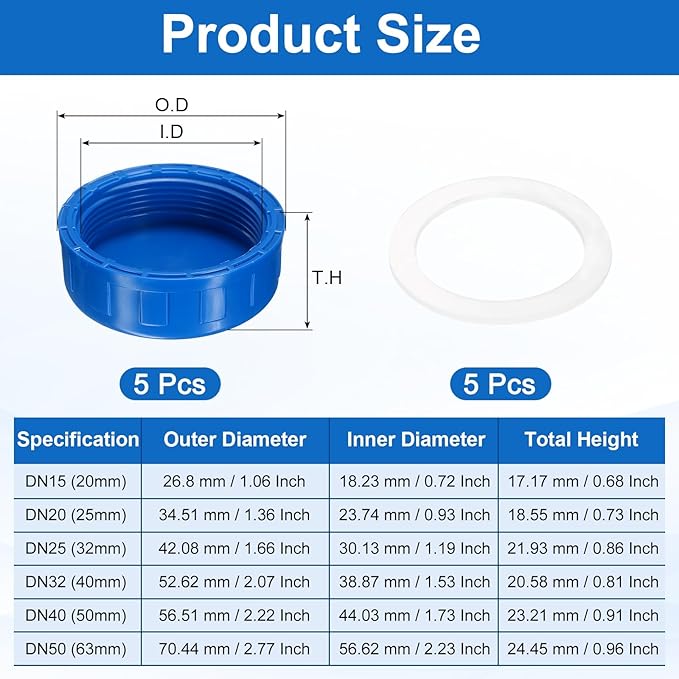 uxcell 5Pcs 2 Inch PT Female Thread PVC Pipe Fitting Cap, Cleanout Water Drain End Caps, Pipe Plug Socket Fittings with Gasket for Water Heater Supply Lines, Plumbing, Blue