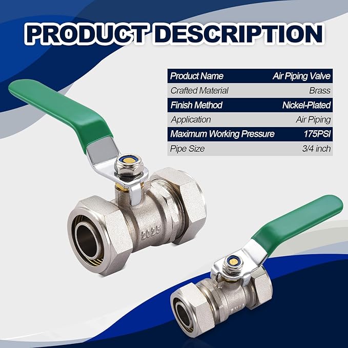 1 Pack 3/4" to 3/4" Nickel-Plated Brass Ball Valve, In-Line Air Hose Piping Shut-Off Fittings for Shop/Garage Compressed Air Line System, Max Working Pressure 175PSI