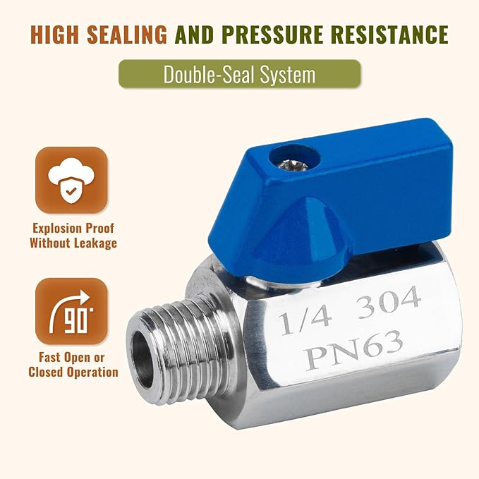 2 Pack 1/4" Mini Ball Valve, 304 Stainless Steel Valve NPT Female x Male Thread Shut-Off Valves for Small Compact Space (2, 1/4 Inch)