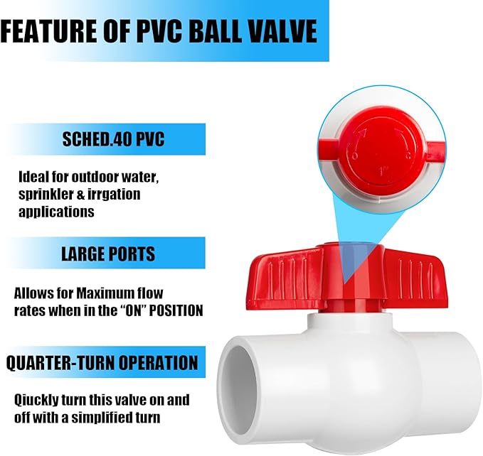 10PCS 1/2" PVC Ball Valve, Shut-Off Ball Valves Socket with Easy Turn Red T-Handles, Slip PVC Valve for Water Project, Swimming Pool, Sewage Pump, Sprinkler Line, Outdoor Plumbing & Irrigation System