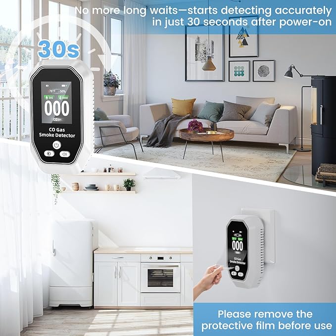 6-in-1 Portable Carbon Monoxide Detectors Plug in, MODOFO TOOL Smoke and Carbon Monoxide Detector with Built-in Battery, Natural Gas Leak Detector, HD Display for CO Gas Smoke Temp Humidity White 2Pcs