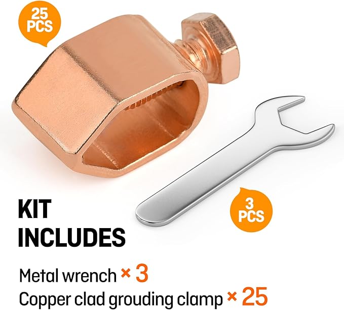25PCS Ground Rod Clamp, Great for 1/2”- 5/8” Grounding Rods (25, Copper Clad Clamp (1/2''-5/8''))