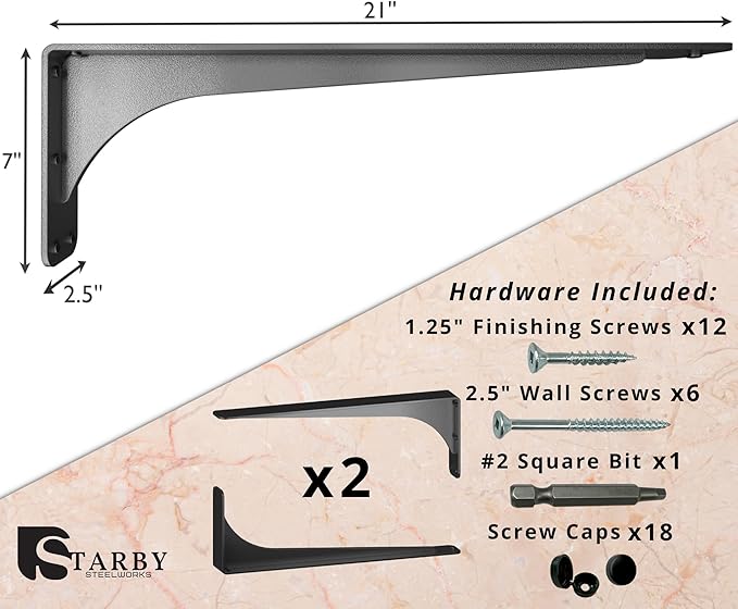 Starby Gladiator Series Solid Heavy Duty Welded 500 Lb Low Profile Granite Countertop Support Shelf Brackets Floating Shelf Discrete Slim 500 LB Capacity (2 Pack) (7" x 21" x 2.5")