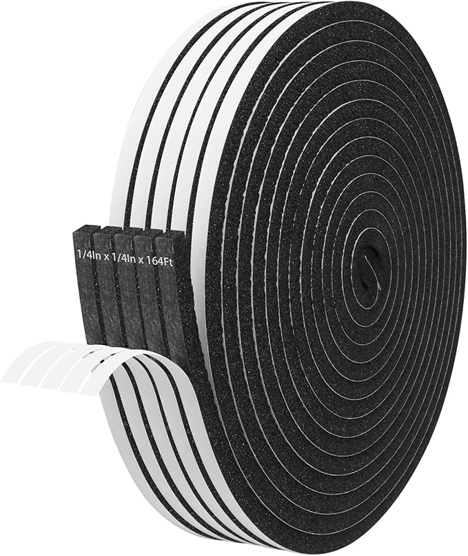 Storystore Foam Insulation Tape Self Adhesive, 1/4In x 1/4In x 164Ft Weather Stripping for Doors and Windows, Sound Proof Soundproofing Door Seal, Weatherstrip, Air Conditioning Seal Strip