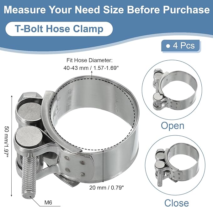 PATIKIL 40-43mm T-Bolt Hose Clamp, 4 Pack Intercooler Pipe Tube Clamps 304 Stainless Steel Radiator Hose Clamp for 1.57"-1.69" Pipe