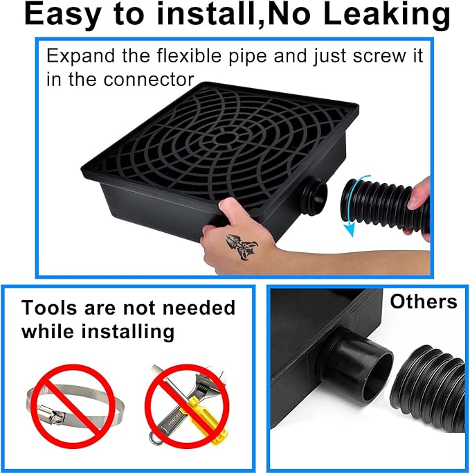 Low Profile Catch Basin Drain Kit Downspout Extender, 12"×12" Catch Basin Gutter Downspout Extensions with 2" ID Flexible Pipe, Pipe Stretched Length 16.4ft, Rainwater Drainage System