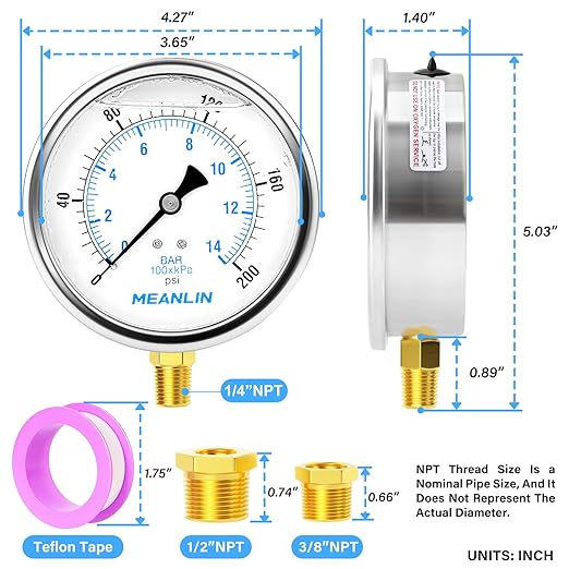 MEANLIN MEASURE 0~200Psi Stainless Steel 1/4" NPT 4" FACE DIAL Liquid Filled Pressure Gauge WOG Water Oil Air Lower Mount, with 1/4" x 1/2" NPT and 1/4" x 3/8" NPT Hex Bushing