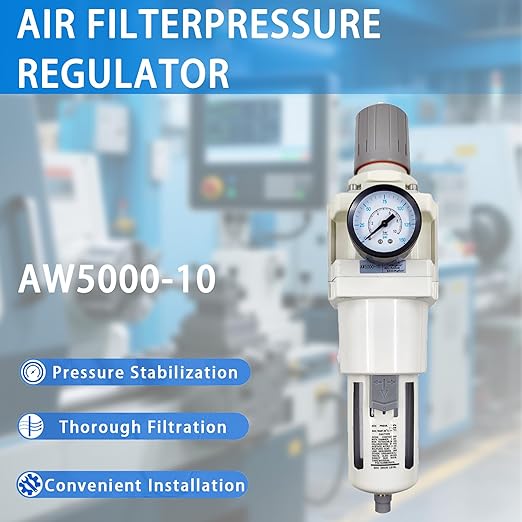 XingNEeng 1" NPT Compressed Air Filter Regulator Lubricator Combo, Water/Oil Trap Separator, Gauge(0-150 psi), Semi-Auto Drain, Poly Bowl, 5 Micron Brass Element, Metal Bracket, for Pneumatic Systems