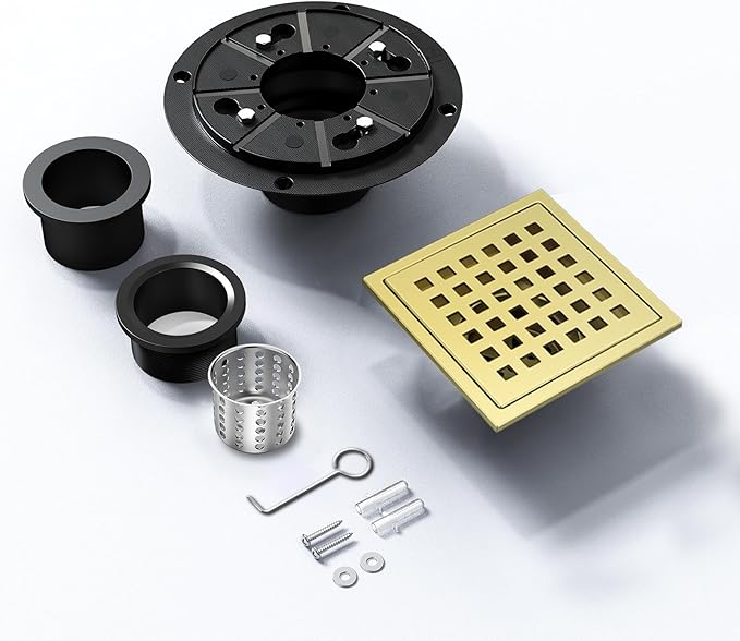 4-1/3 Inch Square Shower Floor Drain with Removable Cover Grid Grate, SUS 304 Stainless Steel, Watermark&CUPC Certified, Chrome Finished (Gold, 4 in)