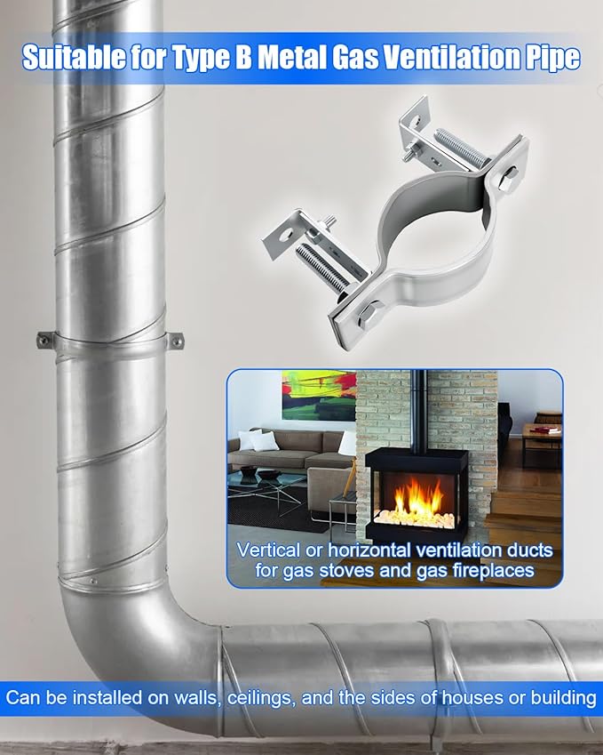 3 Inch Adjustable Pipe Bracket, B Vent Wall Bracket Chimney Pipe Support Clamp Round Gas Vent Strap, Heavy Duty Split Ring Hanger, 2 Pieces