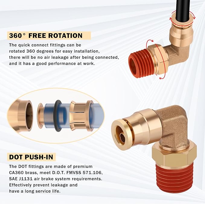 CheeMuii 50FT 1/4 DOT Air Line with 10 Pcs Brass Fittings Kit for Air Bags Suspension