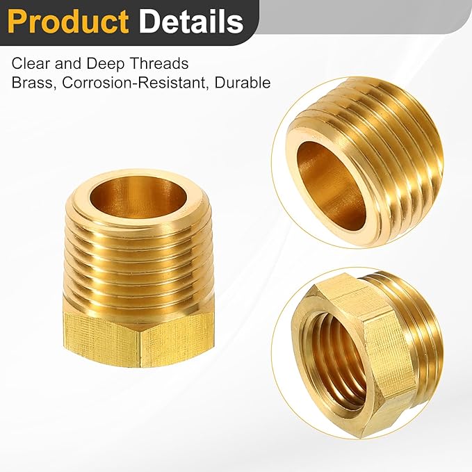uxcell 2Pcs 3/8 NPT Male x 1/4 NPT Female Brass Reducer Hex Bushing Threaded Pipe Fitting, Brass Threaded Pipe Fitting Adapter for Water, Gas, Oil Pipeline Systems