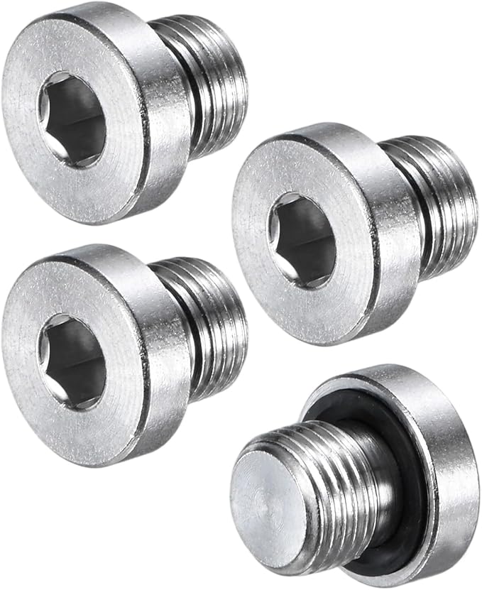 4-Pack Inner Hex Head Pipe Fitting Plug, 1/8 NPT 304 Stainless Steel Socket Bung Plug with Sealing Ring for Terminate Pipe Ends/Replacement Drains
