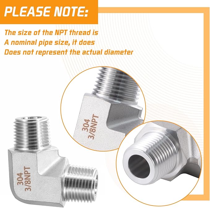 Stainless Steel Pipe Fitting 90 Degree Barstock Street Elbow 3/8" NPT Male x 3/8" NPT Male 2 Pack