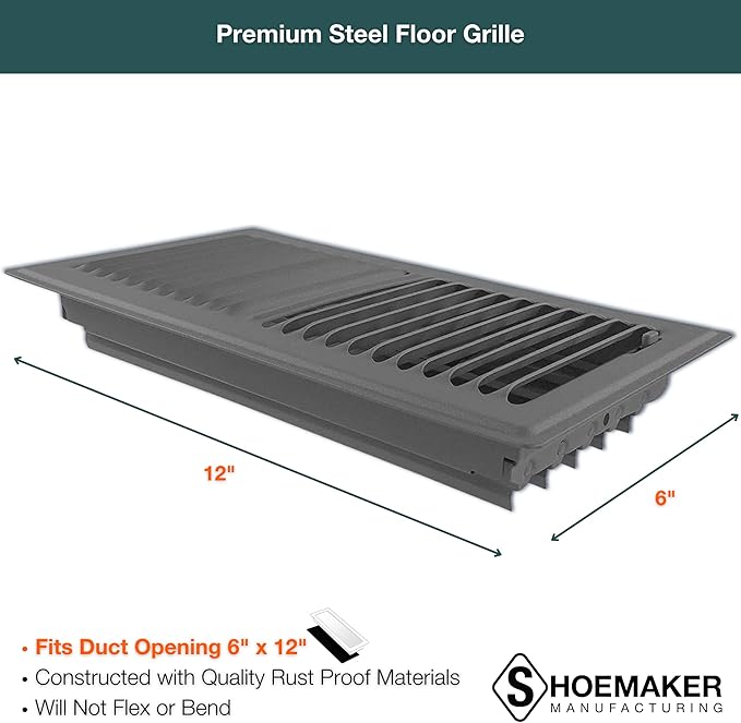 Shoemaker 6x12 Floor Register – Storm Gray Heavy Duty Metal Floor Vent Cover for Home Floors - Premium Forced Air Vent Covers