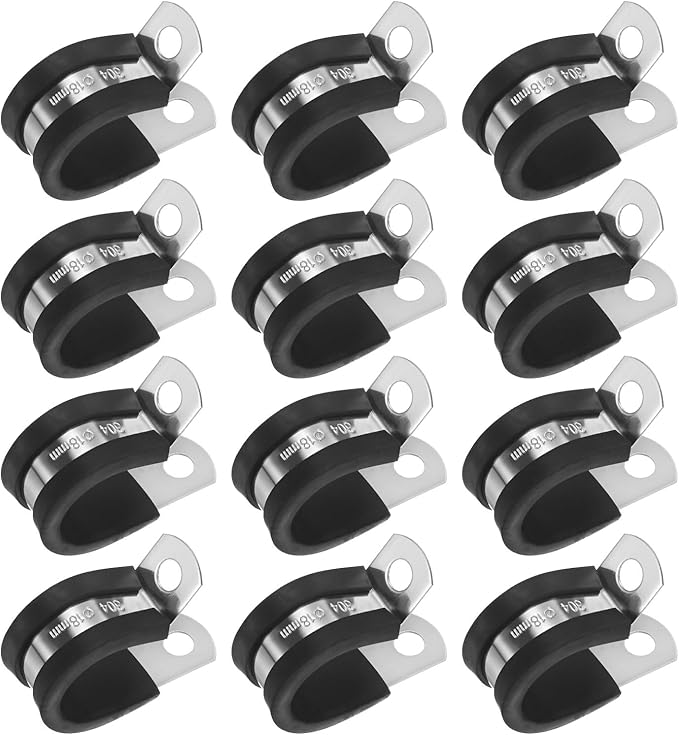 12-Pack Cable Clamps, 23/32 Inch/ 18 mm 304 Stainless Steel Rubber Cushioned Insulated Cable Clamp R Shape Metal Holder for Tube/Wire/Pipe/Loop Installation