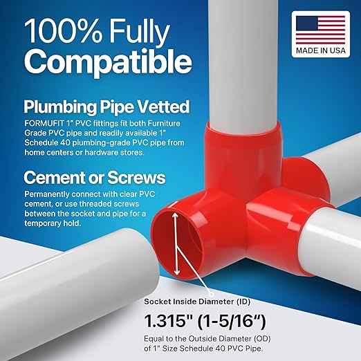 FORMUFIT 1” 4-Way Tee Furniture Grade PVC Fitting in Red, Made in USA, UV-Resistant, Impact-Proof, 1.315” Actual Socket Diameter (Pack of 4) - F0014WT-RD-4