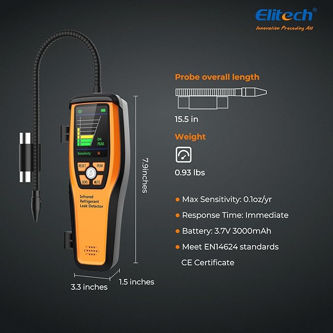 Elitech HVAC Refrigerant Leak Detector 10 Yrs Infrared Sensor Life, Halogen Freon Sniffer, Air Conditioning Detection, Automotive Gas Finder, ILD-200