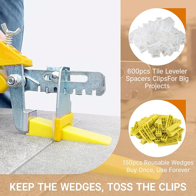 1/8”Tile Leveling System Kit, 600pcs Tile Leveler Spacers Clips+150pcs Reusable Wedges+1pc Tile Pliers for Wall/Floor Tile Adjustment, Leveling Tile System for Ceramic Tile