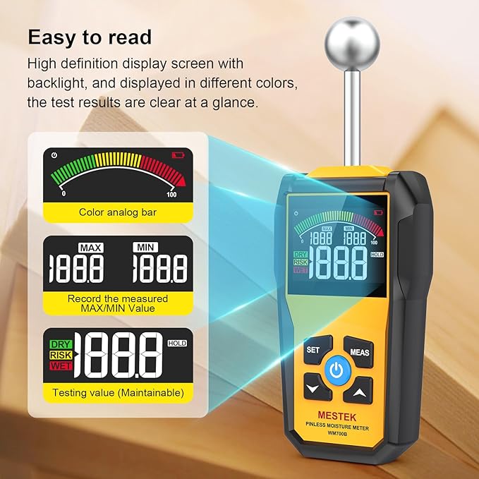 MESTEK Wood Moisture Meter for Non-Destructive Moisture Detection in Drywall, Wood, and Masonry, Moisture Tester with Backlit Color LCD Display & Alarm Function, Detects up to 20-40mm Below Surface
