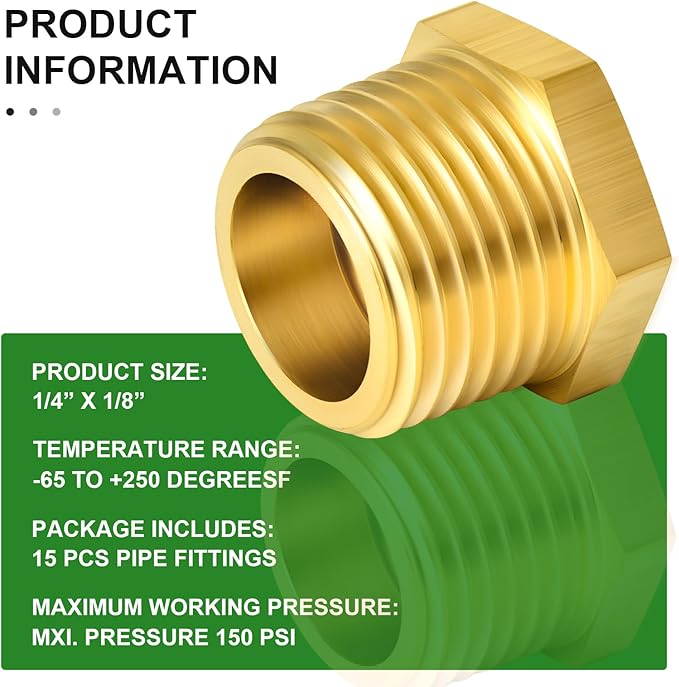 TAISHER 2PCS Brass Reducer Hex Bushing Threaded Pipe Fitting 1/4" NPT Male x 1/8" NPT Female Adapter