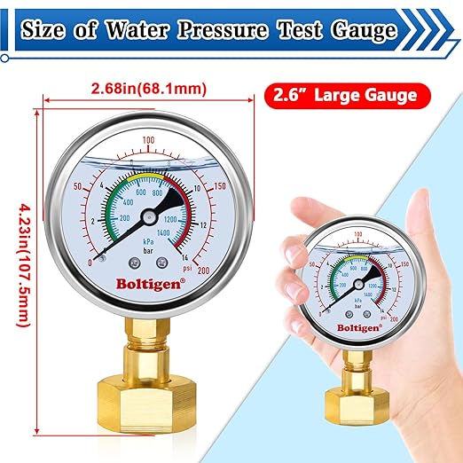 Boltigen 0-60 Psi Water Pressure Gauge, 3/4" GHT Female Thread, Oil Filled, Home, Industrial, Garden Use