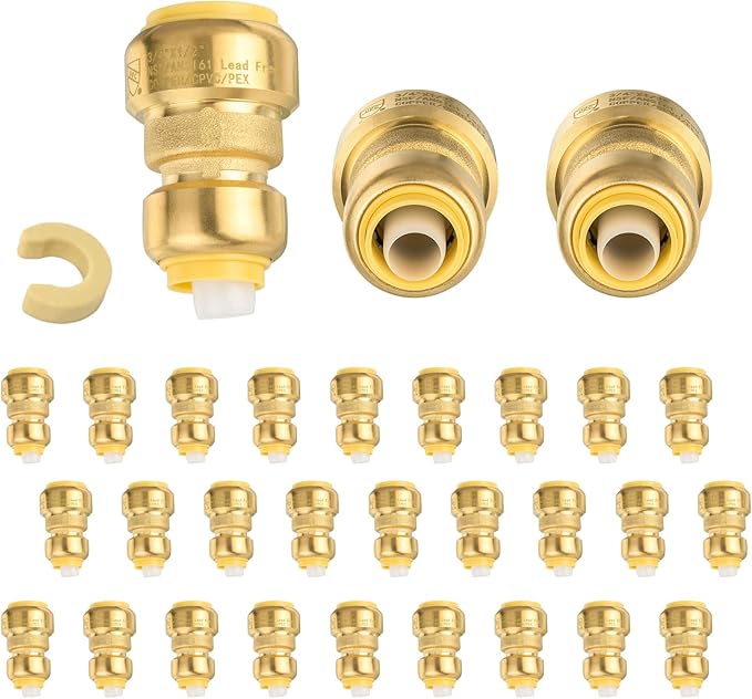 (Pack of 30) Niikappu 3/4" x 1/2" Reducing Coupling Brass Fittings, Push-to-Connect Plumbing Fitting for Pex, Copper, CPVC, Includes Removal Clip(PF017-30Pack)