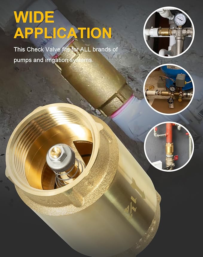 In-Line Check Valve No-Lead Brass Backflow Prevention One Way Check Valves 1-1/4" Female Pipe Thread for most pumps, 1.25'' FNPT × 1.25'' FNPT