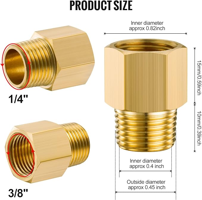 2PCS Brass Pipe Fitting, 3/8" Female x 1/4" Male NPT Thread Brass Hex, Adaptor 1200psi High Pressure