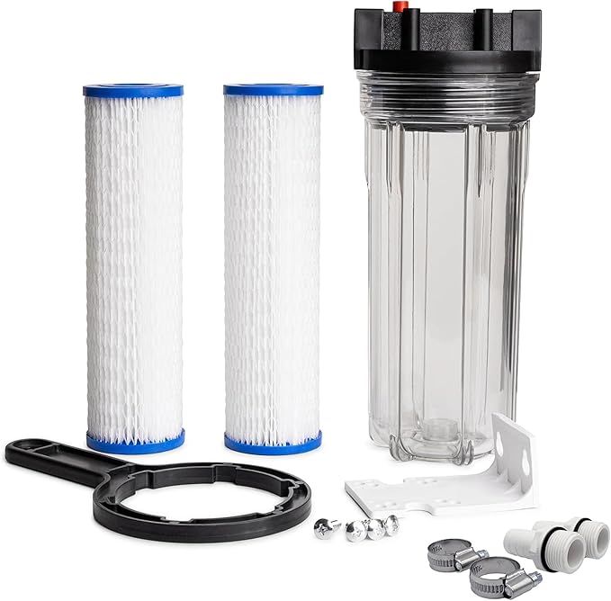 Cold Plunge Water Filter System, 10" Housing with 3/4" NPT Ports, 2× 50 Micron Pleated Filters, Mounting Kit & Wrench, Inline Sediment Filtration for Ice Baths, Whole House, Pool or Spa Use