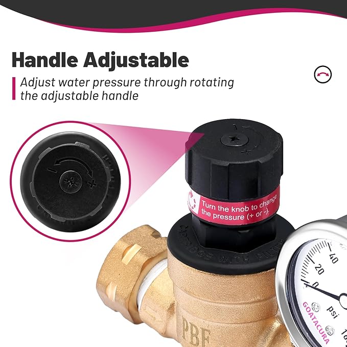 RV Water Pressure Regulator, Lead-Free Brass Adjustable Water Pressure Reducer Valve, with Gauge and Inlet Screen Filter, for RV Camper Travel Trailer