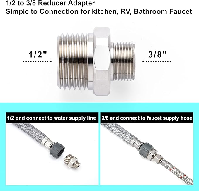 1/2 to 3/8 Reducer Faucet Adapter - Compression Brass Pipe Fitting, 3/8 Male to 1/2 Male Supply Line Adapter for RV Kitchen Plumbing, Water Hose Pipe Connector with Rubber Washer, (2 Pack)
