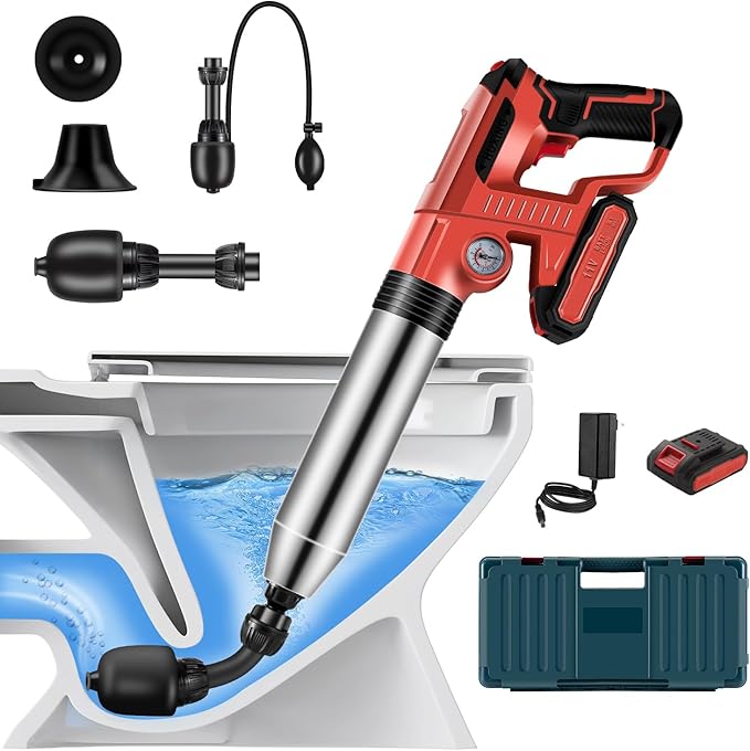 Electric Toilet Plunger With Dedicated Box, Plunger Toilet Can Only Take 2 Mins To Unclog Toilet,Bathroom,Floor Drain,Sewer,Pipe，RED,1 Battery