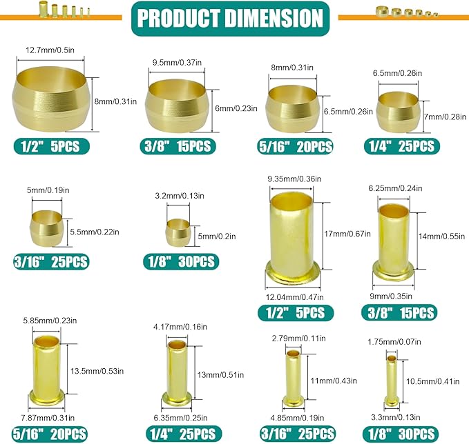 240PCS Brass Compression Sleeves Ferrules Inserts, 6 Sizes 1/2" 3/8" 5/16" 1/4" 3/16" 1/8" Tube OD Compression Fittings Assortment Kit for Air Water Fuel Oil and Inert Gases Line Connection