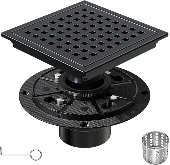 6 Inch Square Shower Floor Drain with Removable Cover Grid Grate, SUS 304 Stainless Steel, Watermark&CUPC Certified, Chrome Finishedt (Black, 6 in)