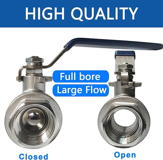 1/2" 316 Stainless Steel Ball Valve Female, 2-Piece Full Port NPT Threaded, 1000 WOG, High Pressure Corrosion Resistant Shut Off Valve for Water/Oil/Gas, Industrial Plumbing Valve (2-Pack)