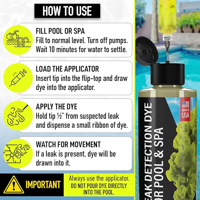 Pool Leak Detection Dye Kit - with 2 Precision Applicators - Made in USA - Superior Long Lasting UV Pool Dye Easily Locates Leaks - for All Pool, Spa, & Hot Tub Types - 8 OZ (Fluorescent Yellow)