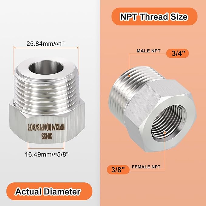 2 Pack 304 Stainless Steel Male to FeMale Adapter, 3/4" Male NPT x 3/8" FeMale NPT Hex Bushing Reducer for Industrial, Automotive, Fluid Transfer, Home Gardening, Water Treatment
