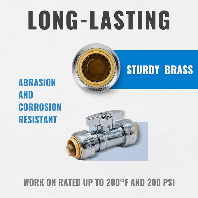 SUNGATOR 1/2 Inch Dual Pushfit Straight Stop Valve, 1/2 Inch Straight Stop Valve, No Lead Chrome Plated Brass Plumbing Fittings Push to Connect PEX, Copper, CPVC, With 1 Disconnect Clip, Pack of 3