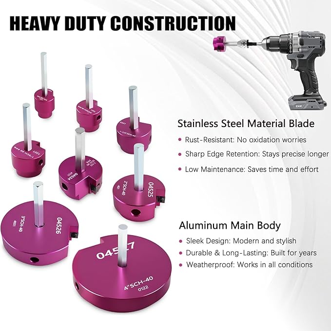 PVC Pipe Reamer Kit 8 PCS 3/4", 1/2", 1", 1-1/4", 1-1/2", 2", 3", 4" for SCH 40 CPVC & ABS Plastic Fittings – Fits 1/2" Drills with 3/8" Hex Shaft, Durable & Heavyduty for Exhaust, Drain & Water Pipe