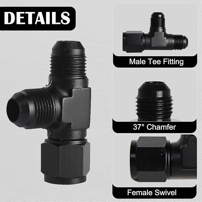 6AN Flare Male Tee Fitting Adapter with AN6 Female Swivel on Run Black