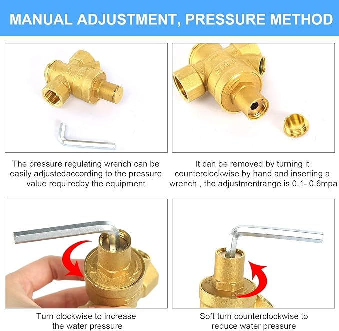 Water Pressure Regulator 1/2 inch with Gauge, Made of 100% High Hardness Brass, Adjustable Water Pressure Reducing Valve Water