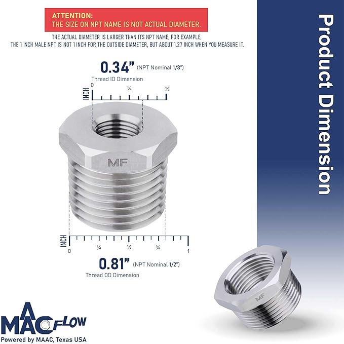 MAACFLOW Stainless Steel 1/2" Male NPT to 1/8" Female NPT Adapter Reducer Hex Bushing (Thread OD 0.81" - ID 0.34") (pack of 2)