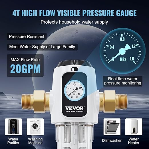 VEVOR Sediment Filter, 20 GPM Spin Down Sediment Filter with Pressure Gauge, 4Th Gen Backwash Pre-Filtration System, 360° Bi-Side Scraper Flush, Reusable Whole House Sediment Water Filter, 3/4" MNPT