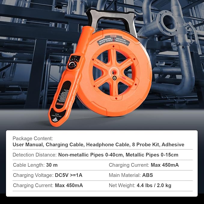 VEVOR Pipe Locators, 100ft/30m PVC Pipe Locators Underground, IP67 Waterproof Pipe Blockage Detector with Adjustable Sensitivity, Sewer Wall Scanner Plumbing Tool for PVC Plastic Metal Water Pipes