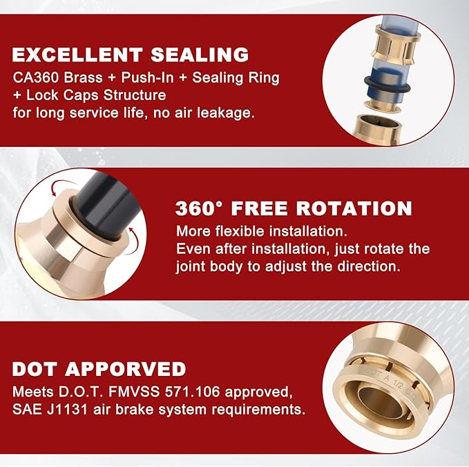 1/2" Quick Push to Connect Fittings Brass Union Straight Joint DOT Approved 1/2" Tube OD x 1/2" NPT Thread Air Line Adapter Air Suspension Kit for Truck Trailers and Air Brake System 10pcs