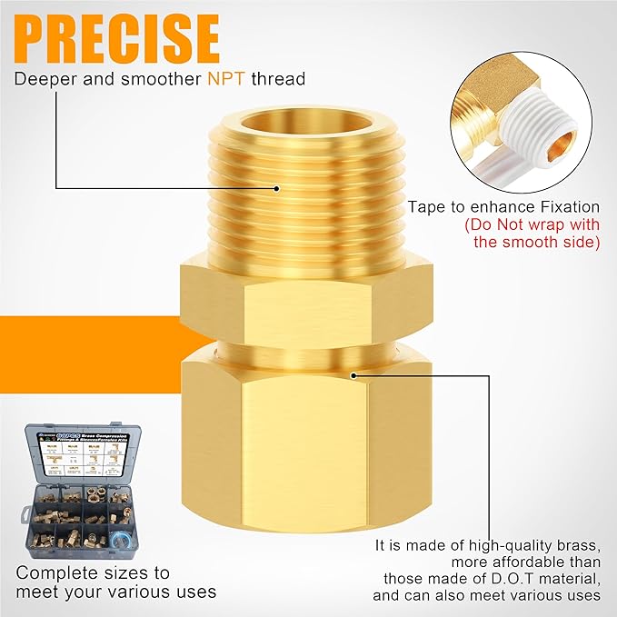 68Pcs Brass Compression Tube Pipe Fittings,Air Nylon Tubing Fittings Assortment Kits 1/4" 1/8" 3/8" 1/2" 5/8" Union/Tee/Elbow/Straight Connector for Industrial Use or Trucks Trailers