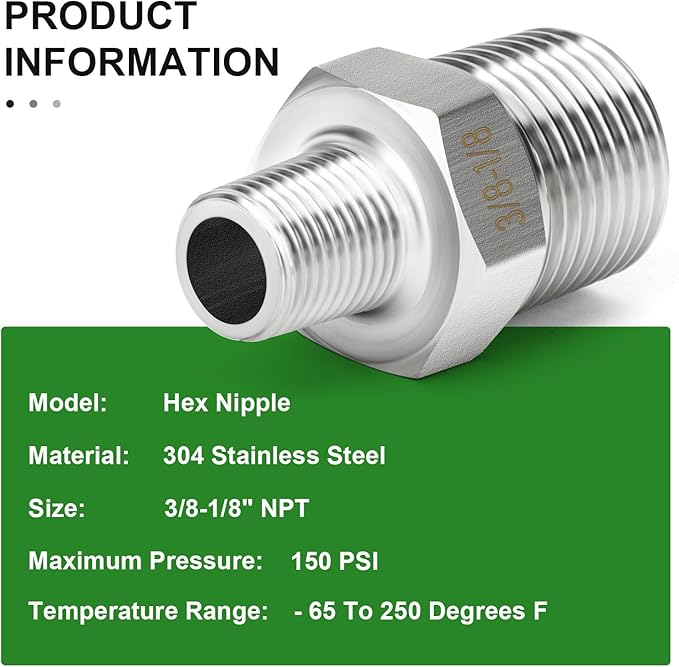 TAISHER 10PCS 304 Stainless Steel New Hex Nipple, 3/8" NPT Male x 1/8" NPT Male, Reducing Pipe Adapter Fitting